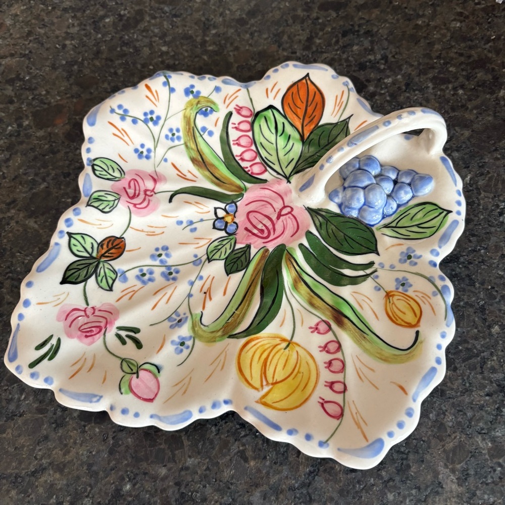 Blue Ridge Southern Potteries Nappy Dish Handled Leaf Shape Floral Grapes